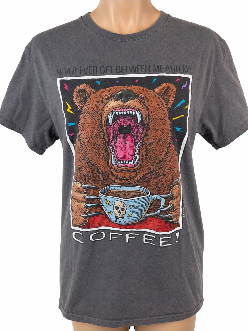 Coffee Lover Bear Graphic T-Shirt “Never Get Between Me & My Coffee” Grey Funny